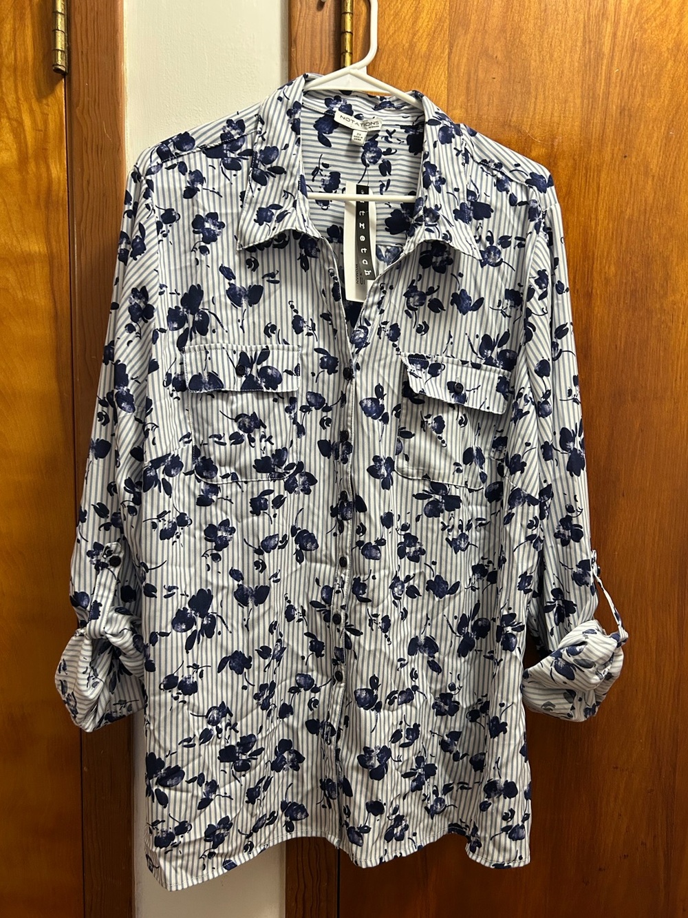 Floral Stripe Shirt-Button Front- Navy on White
